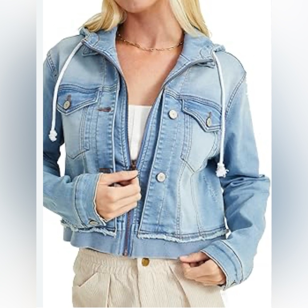 New w/ Tags Small Altar’d State Oversized Hooded Roses Denim Jacket